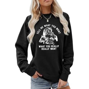 Imagem de Moletom feminino de Natal Tell Me What You Want What You Really Want Vintage Papai Noel padrão Xmas Top, Preto, GG