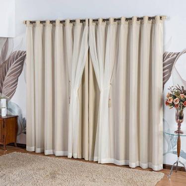 Imagem de Cortina Idealle Tecido Blackout Voal Premium 4,00x2,70m Corta Luz Luxo Varão 4m - Palha