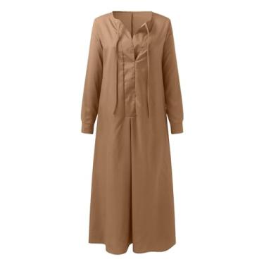 Imagem de Saia rodada cor sólida lapela manga longa simples casual camisa longa vestido feminino vestidos longos, Café, 3G