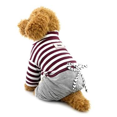 Imagem de SELMAI Roupas listradas para cães pequenos camisa jeans calças jeans roupas poodle chihuahua roupas marrom XGG