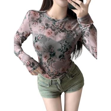Imagem de Floerns Camiseta feminina de malha transparente floral gola redonda manga longa sem sutiã, Cinza e rosa, M
