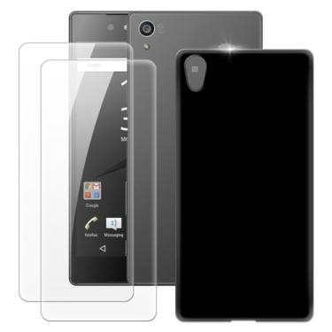 Imagem de MILEGOO Capa premium para Sony Xperia Z5 + 2 peças protetoras de tela de vidro temperado, capa ultrafina de silicone TPU macio à prova de choque para Sony Xperia Z5 Premium (5,5 polegadas) preta
