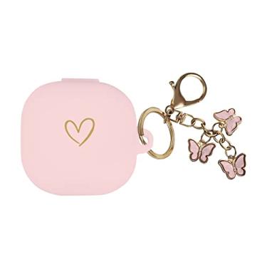 Imagem de AIIEKZ Compatível com Samsung Galaxy Buds 2 / Buds Pro/Buds Live/Buds 2 Pro, capa de silicone macio com padrão de coração dourado com lindo chaveiro de borboleta para meninas e mulheres (rosa)