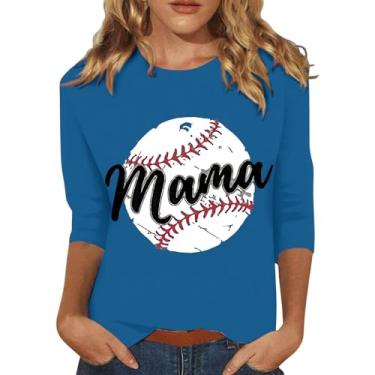 Imagem de PKDong Camiseta de beisebol mamãe de beisebol camisetas de manga 3/4 de comprimento camisetas de beisebol camisetas de verão para mulheres 2024 na moda, Azul, M