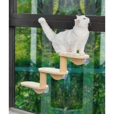 Imagem de Escada de janela para gatos, 3 níveis, para ambientes internos, escaladas, prateleira de janela de madeira, gatos brincarem e observam pássaros