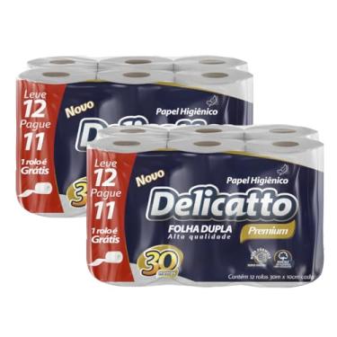 Imagem de Kit com 2 Pacotes Papel Higiênico Folha Dupla Premium 30 Metros Delicatto 12 Rolos