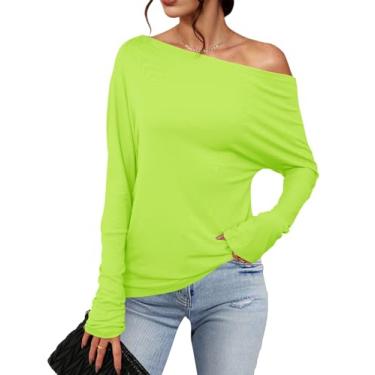 Imagem de Meetrendi Camiseta feminina assimétrica de manga comprida moderna sexy com ombro de fora 2024 camiseta túnica casual solta lisa, verde-limão, G