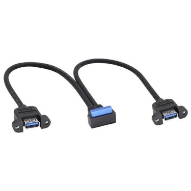 Imagem de HCFeng Cabo USB 3.0 90° Cotovelo 20 pinos fêmea para duas portas USB 3.0 A fêmea painel USB 3.0 placa mãe 19/20 pinos fêmea para 2 portas USB 3.0 A fêmea Y cabo painel separador [preto-Y/33 cm/1,1