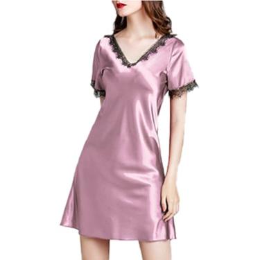 Imagem de Simulação Camisas de Noite de Seda para Mulheres Manga Curta Camisa de Noite Sleepwear Guipure Lace V-Neck Sleep Dress,Lotus root pink,S