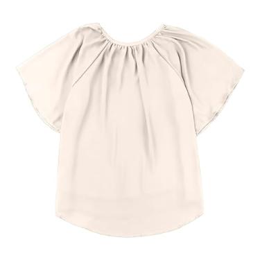 Imagem de Blusas femininas soltas plissadas de chiffon casual manga três quartos decote francês blusas femininas de trabalho, Bege, P