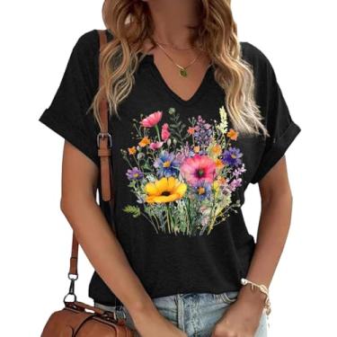 Imagem de Camiseta feminina Boho floral gola V verão vintage flores estampadas colorido flores silvestres casual casual camiseta botânica, A - Preto, P