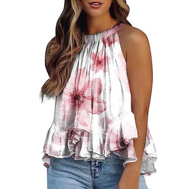 Imagem de Camiseta feminina de verão, frente única, com estampa de flores, boho, sem mangas, para férias, Branco, M