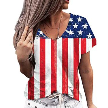 Imagem de Camisetas patrióticas femininas 4 de julho bandeira americana listras estrelas blusas verão Memorial Day camiseta manga curta, Azul, P