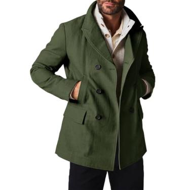 Imagem de Runcati Casaco masculino slim fit casual algodão trespassado lapela jaqueta clássica negócios curto sobretudo, Verde militar, M
