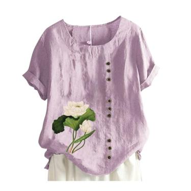 Imagem de Lainuyoah Camiseta feminina de algodão e linho de manga curta com gola redonda e manga curta com estampa floral/bordado 2024, F-roxo, G