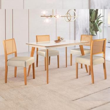 Imagem de Conjunto Sala de Jantar Mesa Mad 135cm com 4 Cadeiras Versales estrutura em madeira Maciça e Tampo MDF/Vidro Cinamomo/Off White/Tela