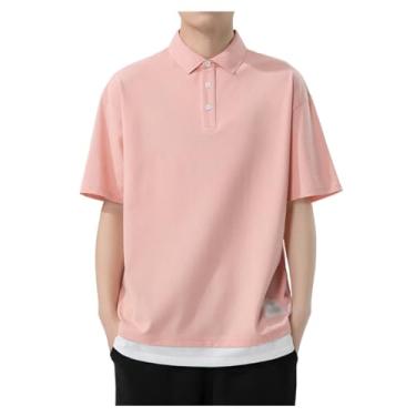 Imagem de Camisa polo masculina com botões falsos, duas peças, manga curta, golf, casual, colarinho aberto, camiseta de golfe, Rosa, G