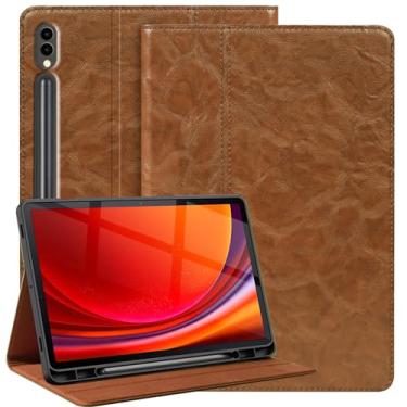 Imagem de Gexmil Capa de couro genuíno para Samsung Galaxy Tab S8 Ultra de 14,6 polegadas com suporte para lápis, capa protetora à prova de choque ajustável inteligente premium flip para tablet, cáqui