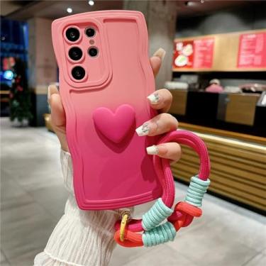 Imagem de Para Samsung Galaxy S23 Ultra S22 Plus S21 FE A52 50 A23 A25 A73 S24 Ultra Capa de alça de pulso Gradiente Love Wave Border Phone Case, rosa RoseRed, para Samsung S24