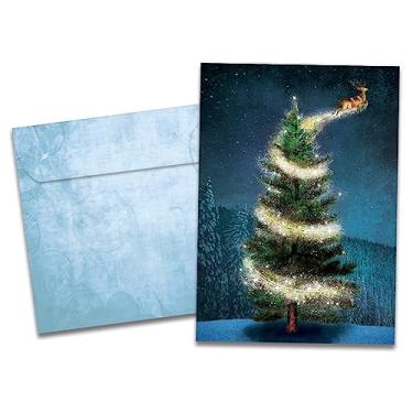 Imagem de Tree-Free Greetings Cartões de férias de rena mágica - 10 cartões reciclados 5x7 e envelopes correspondentes, cartolina grossa, feito de forma sustentável nos EUA - Árvore de Natal brilhante