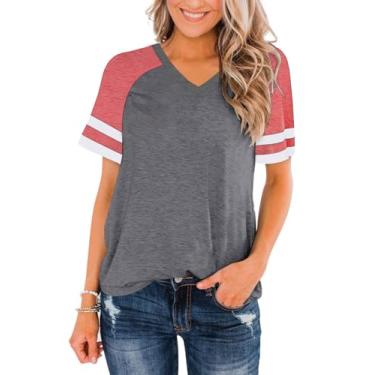 Imagem de ZUNQKG Camisetas femininas de beisebol com gola V, manga curta, patchwork, estampa raglan, beisebol, 08-cinza, gola V vermelha, G