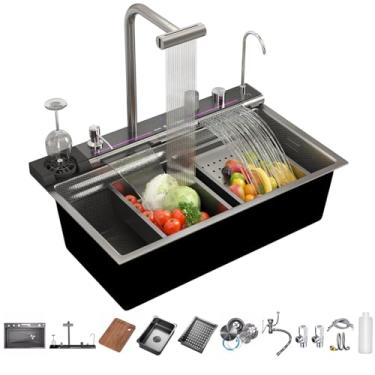 Imagem de Pia de cozinha inteligente SDGRP de aço inoxidável 304 favo de mel, cuba única, torneira de cascata dupla, torneira giratória removível e torneira de copo pressurizada (80 x 46 cm)