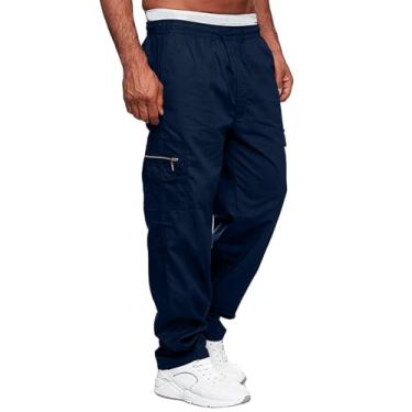 Imagem de Calça cargo masculina para jogging calça esportiva masculina - calça cargo de bolso moderna para trabalho calça jeans cargo, Azul marino, M