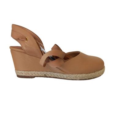 Imagem de Sandália Anabela Feminina em Couro Bege Salto Médio Amarração