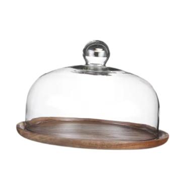 Imagem de Fenteer Suporte de Bolo em Madeira com Cúpula de Vidro, Bandeja para Exibição de Sobremesas, Tampa de 23cm, Tamanho real