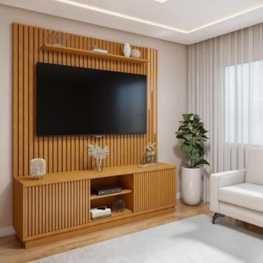 Imagem de Conjunto Rack Arezzo 180cm com Painel Ripado com Led para Tv de até 75 Polegadas com Led Paris Naturalle