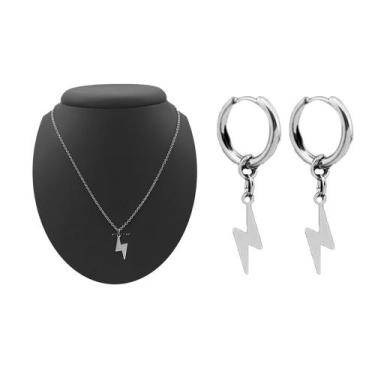 Imagem de conjunto kit brinco argola Colar Corrente de Raio flash em aço inox nã