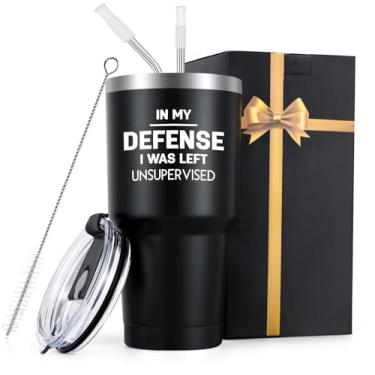 Imagem de Qtencas In My Defense I Was Left Unsupervised Copo de viagem isolado de aço inoxidável, presentes engraçados de Natal para homens, colegas de trabalho, presentes de escritório para colegas de