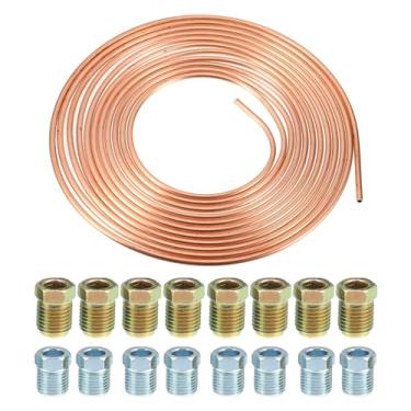 Imagem de uxcell 1 conjunto de 25 pés de 5/40.6 cm OD kit de tubulação de linha de freio flexível revestido de cobre bobina de rolo de tubo de freio com 16 conexões flare invertidas