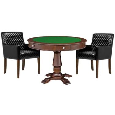 Imagem de Mesa de Jogos Carteado Victoria Redonda Tampo Reversível Imbuia com Kit 2 Cadeiras Liverpool PU Preto Matelassê - Gran Belo