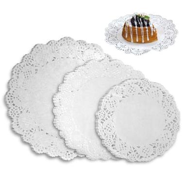 Imagem de Iconikal Doilies de renda de papel branco de 150 unidades (sortidos 6,5, 8,5, 26,7 cm) Jogo americano decorativo para bolos, sobremesas e mesas