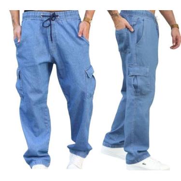 Imagem de Calças Cargo Masculina Jeans Larga Skatista Bolso Lateral - Volgue, Je