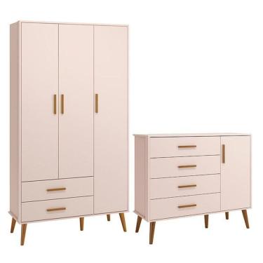 Imagem de Jogo De Quarto Infantil Isis Guarda Roupa 3 Portas E Cômoda 1 Porta Rosa - Reller Móveis Rosa