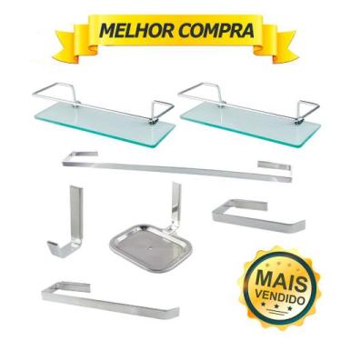 Imagem de Kit Acessórios Para Banheiro Quadrado Aço Inox 5 Peças + 2 Porta Shamp