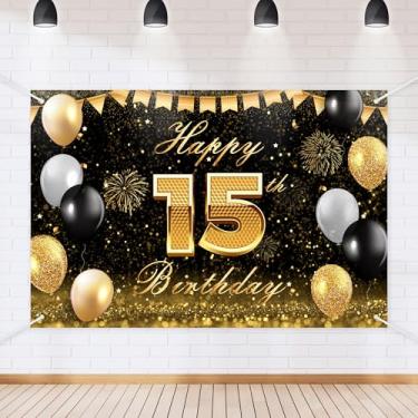 Imagem de Faixa de fundo de feliz aniversário de 15 anos de ouro preto com glitter, tema de fotografia, decoração de fundo para meninos e meninas, decoração de festa de aniversário, suprimentos 183 x 109 cm