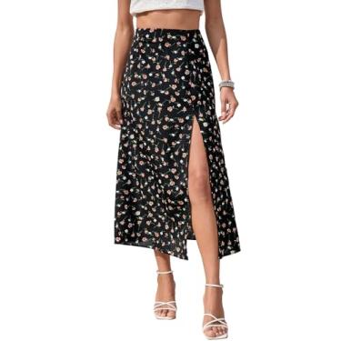 Imagem de Floerns Saia midi feminina Boho floral cintura alta dividida linha A, Floral preto escuro, X-Large