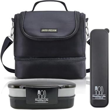 Imagem de Kit 3 peças com Bolsa Térmica 2 Compartimentos c/Pote Marmita 2 Andares e Porta Talheres Leve para Trabalho, Faculdade, Academia Fitness, Passeio, Viagem, Adulto, Infantil, Masculino, Escola