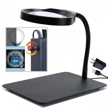 Imagem de OukaiPDOK Lupa com Luz e Suporte 10X Lupa Artesanal Luz com 3 Modos de Cor Led Lâmpada de Mesa Mãos Livres para Trabalho de Perto Leitura Reparo Artesanato (Preto-04)
