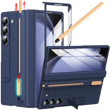 Imagem de YQODSZ Capa para Samsung Galaxy Z Fold 5 com suporte para caneta S e caneta Stylus, capa com suporte para caneta de cobertura total com suporte para dobradiça e suporte para Z Fold 5, azul escuro