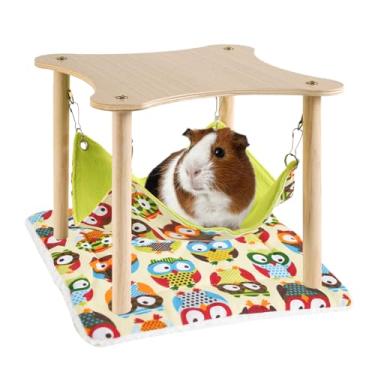 Imagem de ZibugZag Rede de porquinho-da-índia com tapete macio, brinquedos de esconderijo de porquinho-da-índia de madeira com cama de dois lados para hamster, chinchila, rato, coelhinho, furões dormindo