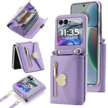 Imagem de YQODSZ Capa carteira para Motorola Razr 2024 com alça transversal, capa flip para Motorola Razr 50 porta-cartão de crédito fivela em forma de coração mulheres meninas capa protetora de couro para