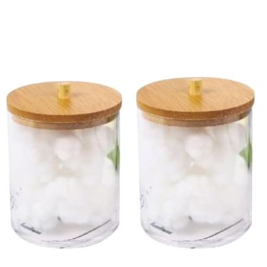 Imagem de Kit 02 Porta Cotonete Organizador de Algodão Acrílico Transparente Tampa de Bambu Caixa de Armazenamento para Maquiagem Cosméticos Joias e Sais de Banho Tamanho 10cm x 7cm x 7cm