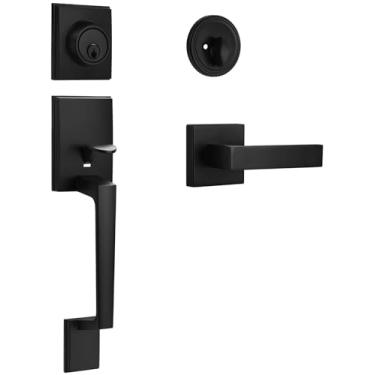 Imagem de Sopoby Conjunto de Maçanetas de Porta Frontal Preta Fosca e Fechadura de Cilindro Único, Alavanca de Porta Externa Preta, Moderno, Reversível