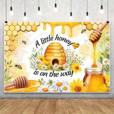 Imagem de Leowefowa 2,1 x 1,5 m A Little Honey is on The Way Pano de fundo para fotografia de chá de bebê margarida abelha revelação de gênero doce chá de bebê festa bolo decoração de mesa banner adereços de