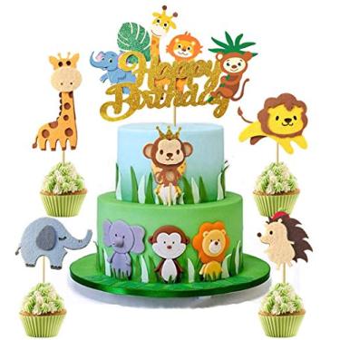 Imagem de 6 peças de topo de bolo de feliz aniversário animal da selva elefante girafa ouriço leão macaco decorações animais festa chás de bebê festa de aniversário