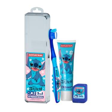 Imagem de Kit Infantil STITCH - escova de dente infantil + Fio Dental e Gel 50g Dentalclean (Azul, Infantil)